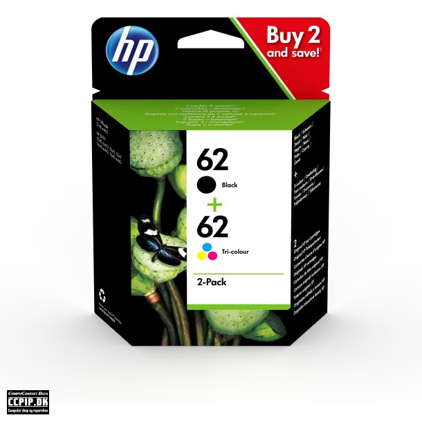 HP 62 Twin Pack Sort Farve (cyan, magenta, gul)